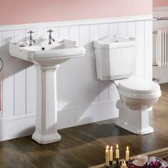 Twin Tap Victorian Basin and Victoria Close Coupled Toilet Set - White Seat 