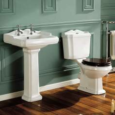 Victoria Twin Tap Pedestal Basin and Close Coupled Toilet Set - Dark Mahogany Seat 
