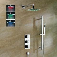 Sabie Thermostatic Shower Mixer Kit with 195mm Square LED Head - Hand Held 