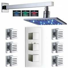Crescent Thermostatic Shower Mixer Kit with 195mm Square LED Head - Body Jets 