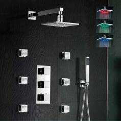 Burude Thermostatic Shower Mixer Kit with 195mm Square LED Head - Hand Held &amp; Body Jets 