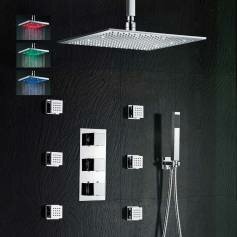 Jonha Thermostatic Shower Mixer Kit with 400mm Square LED Head - Hand Held &amp; Body Jets 