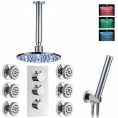 Jonha Thermostatic Shower Mixer Kit with 200mm Round LED Head - Hand Held &amp; Body Jets 