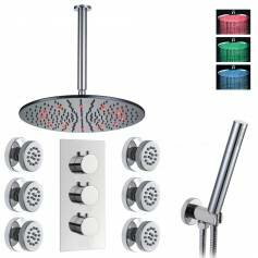 Jonha Thermostatic Shower Mixer Kit with 400mm Round LED Head - Hand Held &amp; Body Jets 