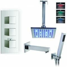 Coban Thermostatic Shower Mixer Kit with 195mm Square LED Head - Hand Held &amp; Bath Filler Tap 