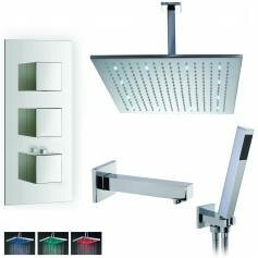 Coban Thermostatic Shower Mixer Kit with 400mm Square LED Head - Hand Held &amp; Bath Filler Tap 