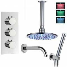Coban Thermostatic Shower Mixer Kit with 200mm Round LED Head - Hand Held &amp; Bath Filler Tap 