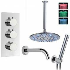 Coban Thermostatic Shower Mixer Kit with 300mm Round LED Head - Hand Held &amp; Bath Filler Tap 