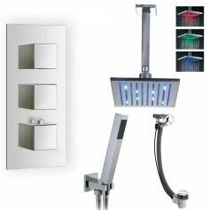 Tinago Thermostatic Shower Mixer Kit with 195mm Square LED Head - Hand Held &amp; Overflow Bath Filler Tap 