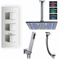 Tinago Thermostatic Shower Mixer Kit with 305mm Square LED Head - Hand Held &amp; Overflow Bath Filler Tap 