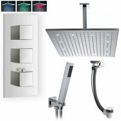Tinago Thermostatic Shower Mixer Kit with 400mm Square LED Head - Hand Held &amp; Overflow Bath Filler Tap 