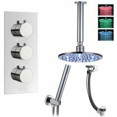 Tinago Thermostatic Shower Mixer Kit with 200mm Round LED Head - Hand Held &amp; Overflow Bath Filler Tap 