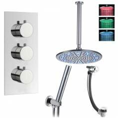 Tinago Thermostatic Shower Mixer Kit with 300mm Round LED Head - Hand Held &amp; Overflow Bath Filler Tap 