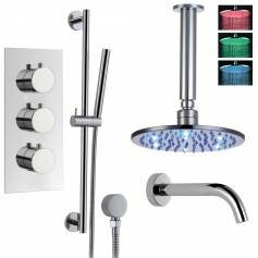 Borov Thermostatic Shower Mixer Kit with 200mm Round LED Head - Hand Held &amp; Bath Filler Tap 
