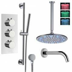 Borov Thermostatic Shower Mixer Kit with 300mm Round LED Head - Hand Held &amp; Bath Filler Tap 