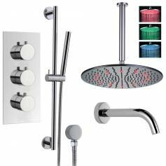Borov Thermostatic Shower Mixer Kit with 400mm Round LED Head - Hand Held &amp; Bath Filler Tap 