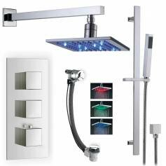 Serio Thermostatic Shower Mixer Kit with 195mm Square LED Head - Hand Held &amp; Overflow Bath Filler Tap 