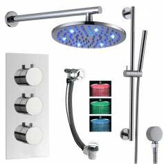 Serio Thermostatic Shower Mixer Kit with 200mm Round LED Head - Hand Held &amp; Overflow Bath Filler Tap 