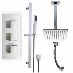 Prenn Thermostatic Shower Mixer Kit with 195mm Square Head - Hand Held &amp; Overflow Bath Filler Tap 