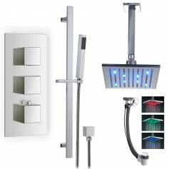 Prenn Thermostatic Shower Mixer Kit with 195mm Square LED Head - Hand Held &amp; Overflow Bath Filler Tap 