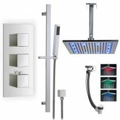 Prenn Thermostatic Shower Mixer Kit with 305mm Square LED Head - Hand Held &amp; Overflow Bath Filler Tap 