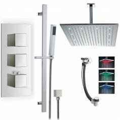 Prenn Thermostatic Shower Mixer Kit with 400mm Square LED Head - Hand Held &amp; Overflow Bath Filler Tap 