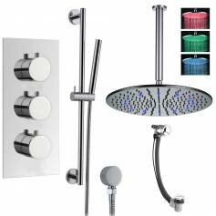 Prenn Thermostatic Shower Mixer Kit with 400mm Round LED Head - Hand Held &amp; Overflow Bath Filler Tap 