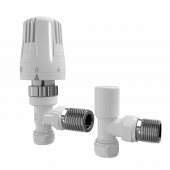 Thermostatic Angled Gloss White Radiator Valves - Standard 15mm Connection